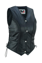 Road King Damen Lederweste Schwarz mit Flechtoptik und Knopfverschluss