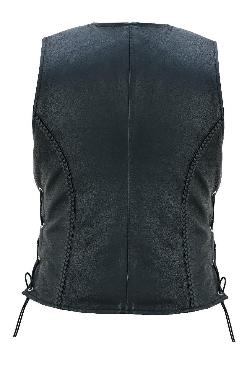 Road King Damen Lederweste Schwarz mit Flechtoptik und Knopfverschluss