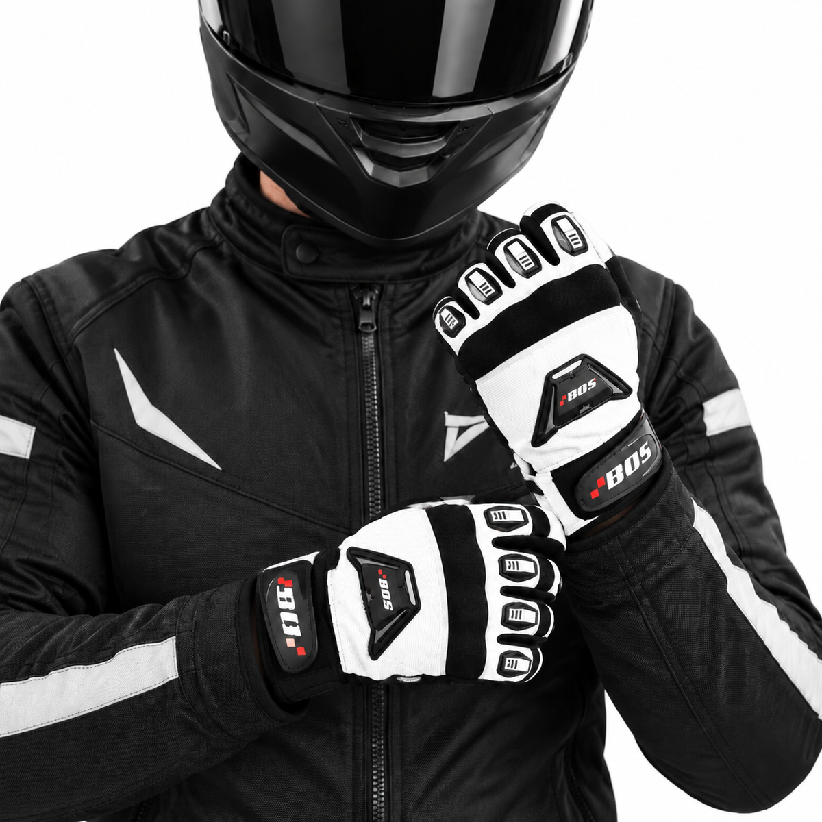 Herren Motorradhandschuhe Weiß Schwarz mit Fingerverstärkung und Handgelenkverschluss