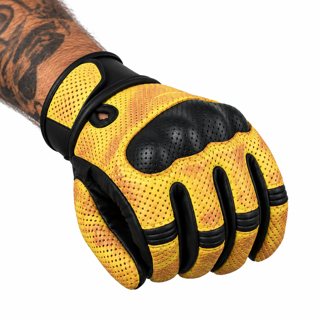 Gelbe Lederhandschuhe fürs Motorrad mit Perforation