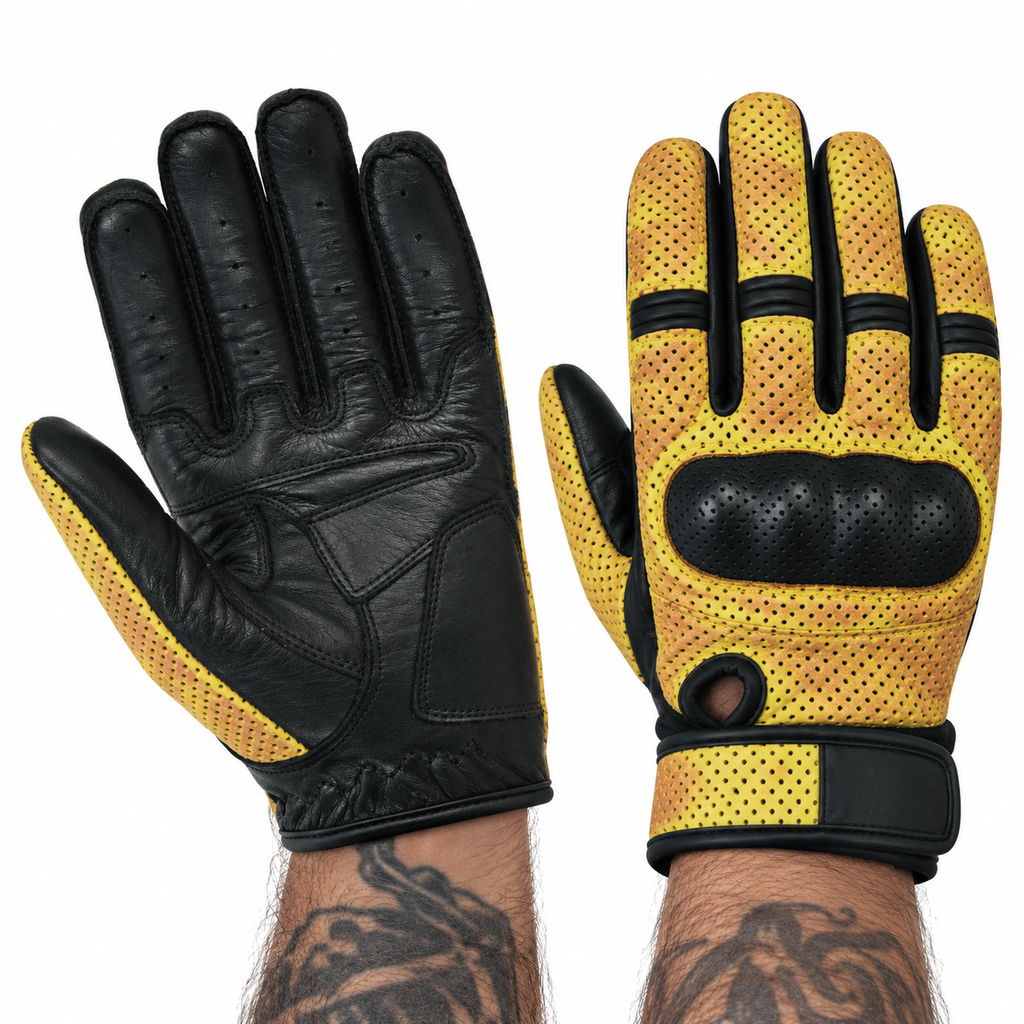 Gelbe Lederhandschuhe fürs Motorrad mit Perforation
