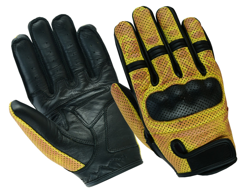 Gelbe Lederhandschuhe fürs Motorrad mit Perforation