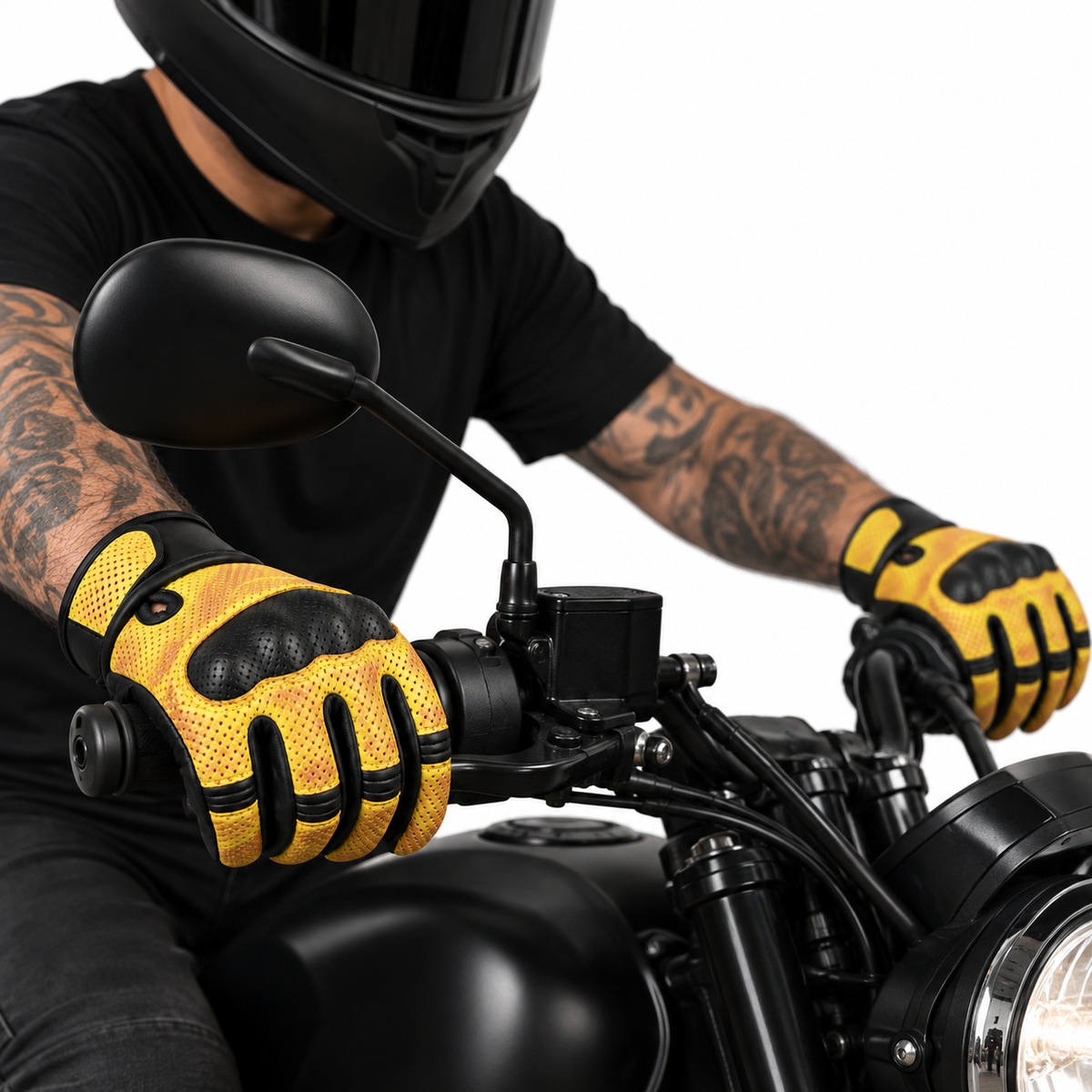 Gelbe Lederhandschuhe fürs Motorrad mit Perforation