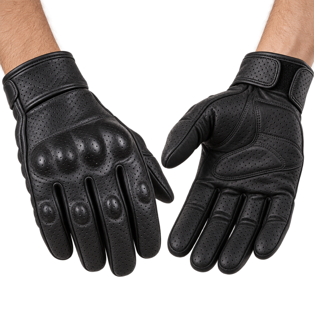 Schwarze Lederhandschuhe für Motorradfahrer mit Knöchelschutz