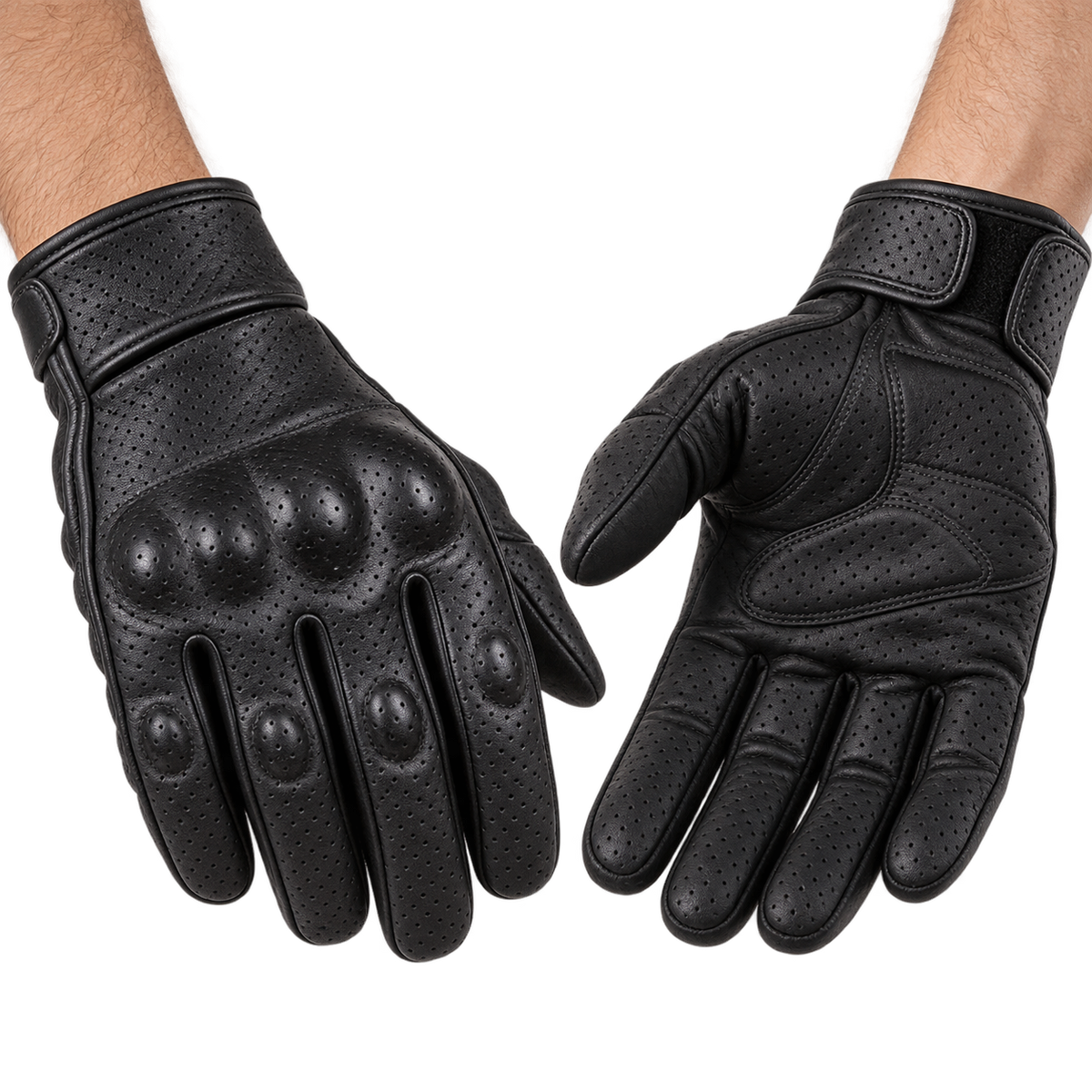 Schwarze Lederhandschuhe für Motorradfahrer mit Knöchelschutz