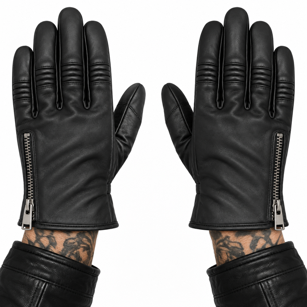 Schwarze Herren Motorradhandschuhe aus Leder mit Reißverschluss