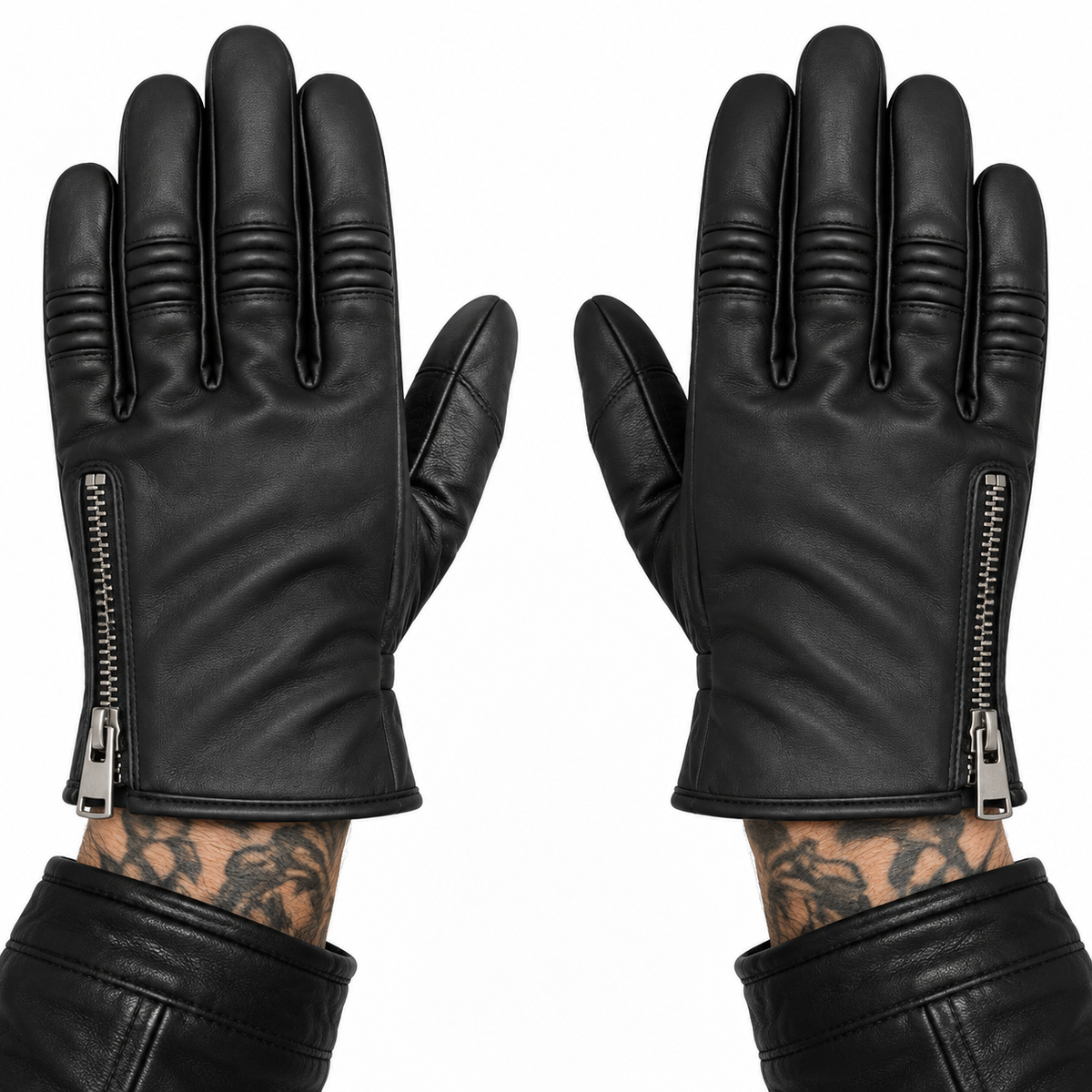 Schwarze Herren Motorradhandschuhe aus Leder mit Reißverschluss