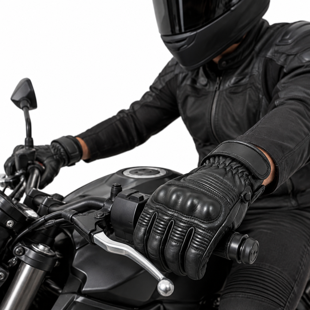 Herren Motorrad Lederhandschuhe Schwarz mit Handprotekto
