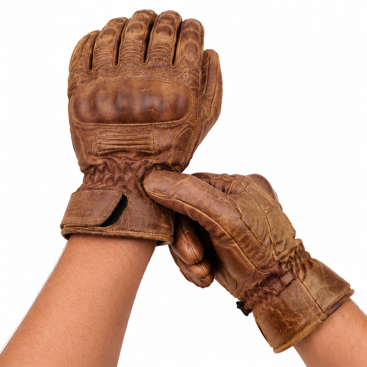 Herren Leder Motorradhandschuhe Braun mit Protektoren