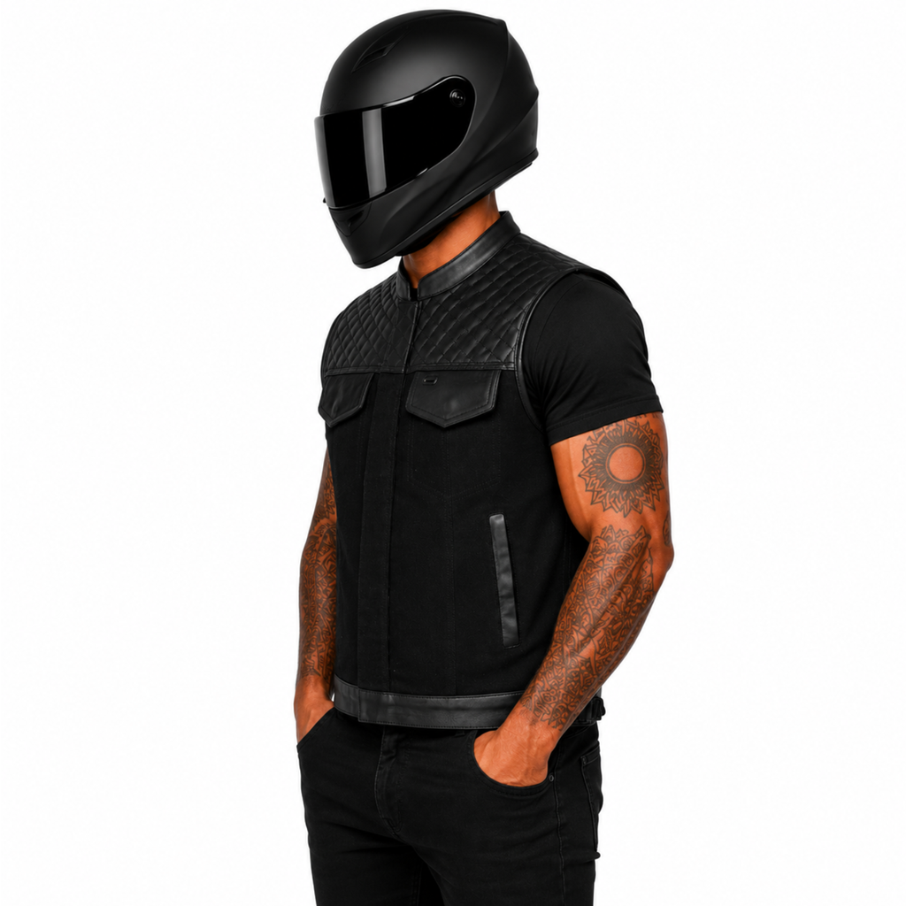 RoadKing Herren Motorrad Lederweste Schwarz – Rindsleder & Baumwoll-Denim