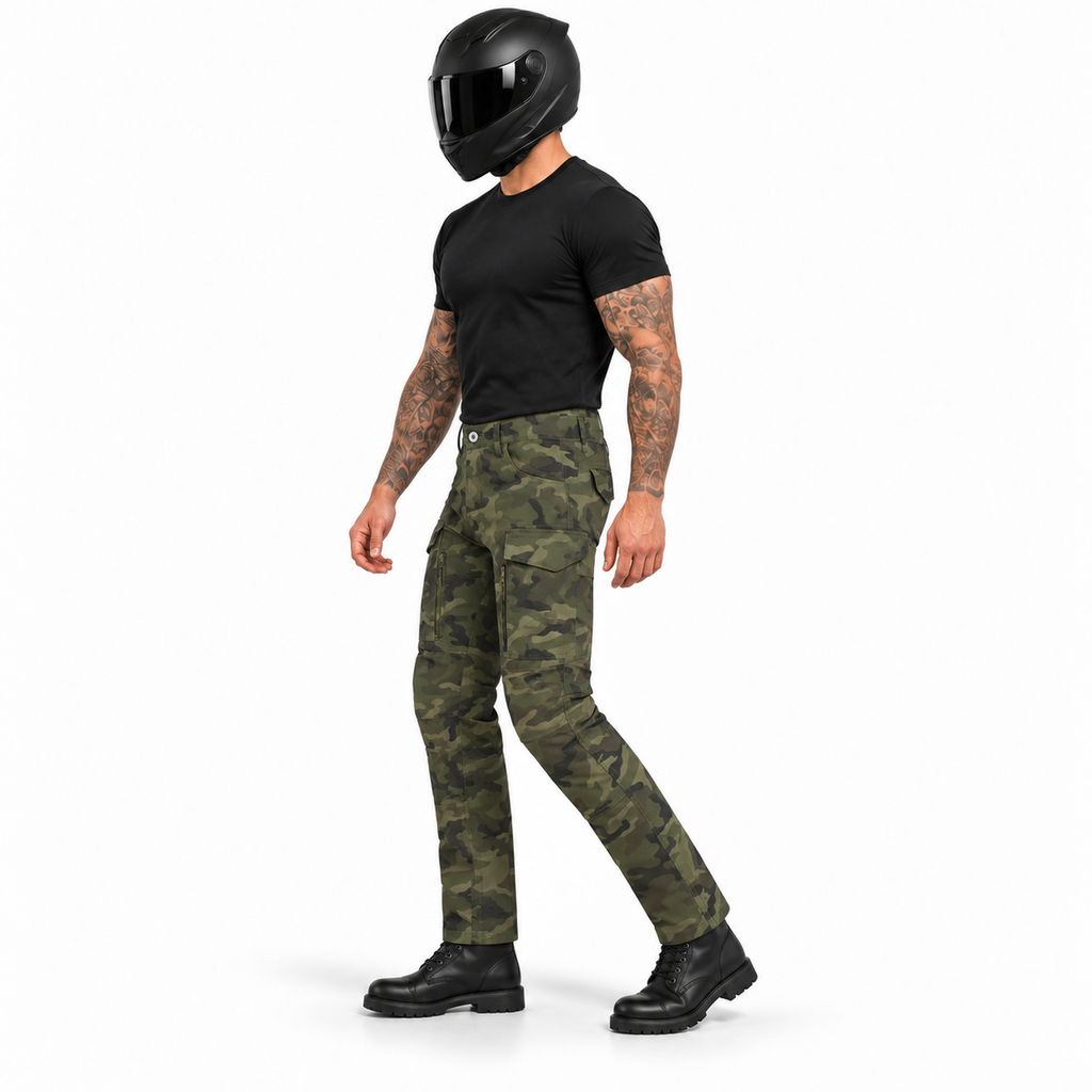 Motorrad-Cargohose Grün mit CE-Knieprotektoren und Aramid-Verstärkung