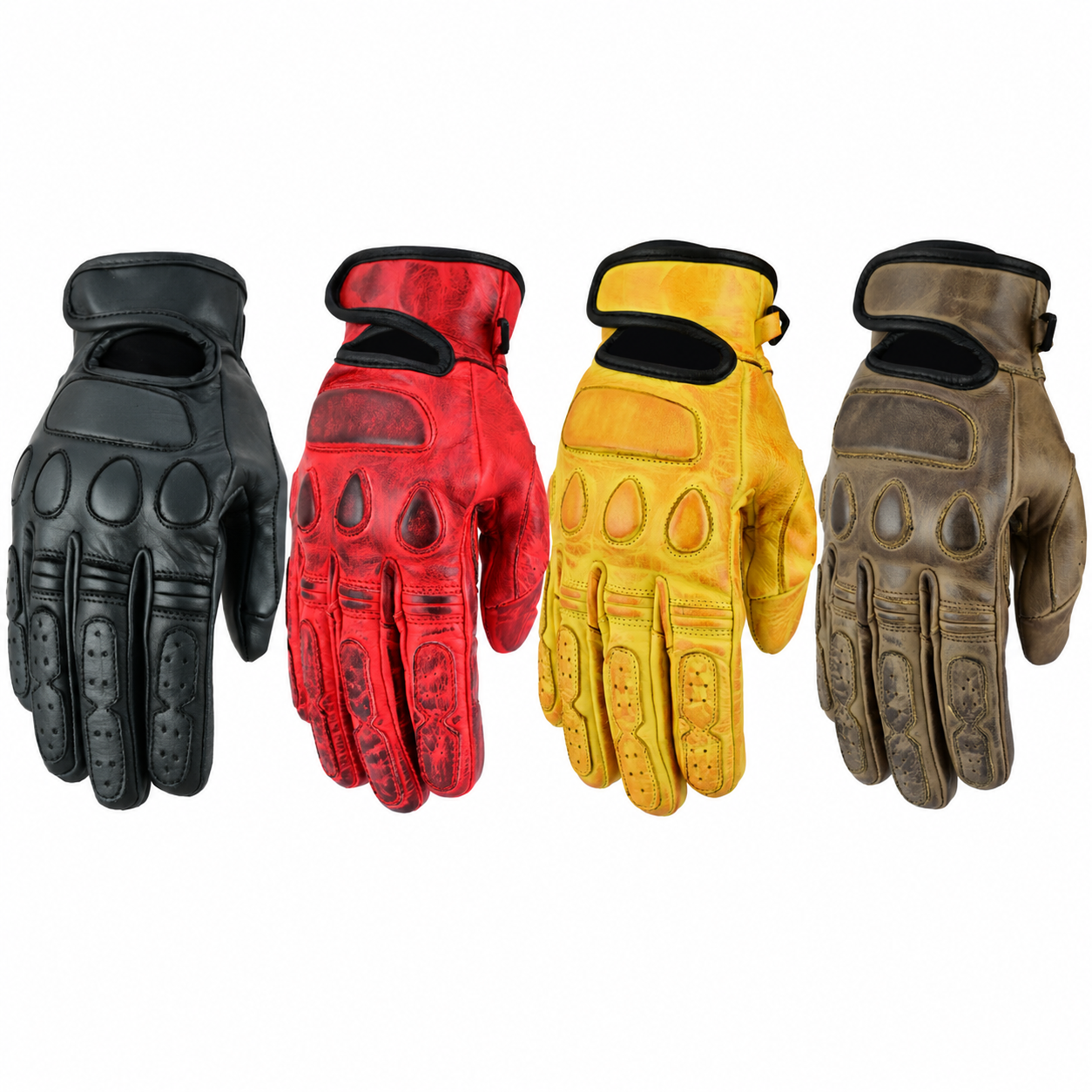 Herren Leder Motorradhandschuhe mit Protektoren – Rot, Gelb, Braun & Schwarz