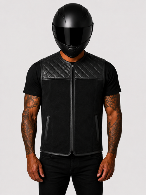 Motorradweste aus Rindsleder und Canvas im klassischen Biker Style