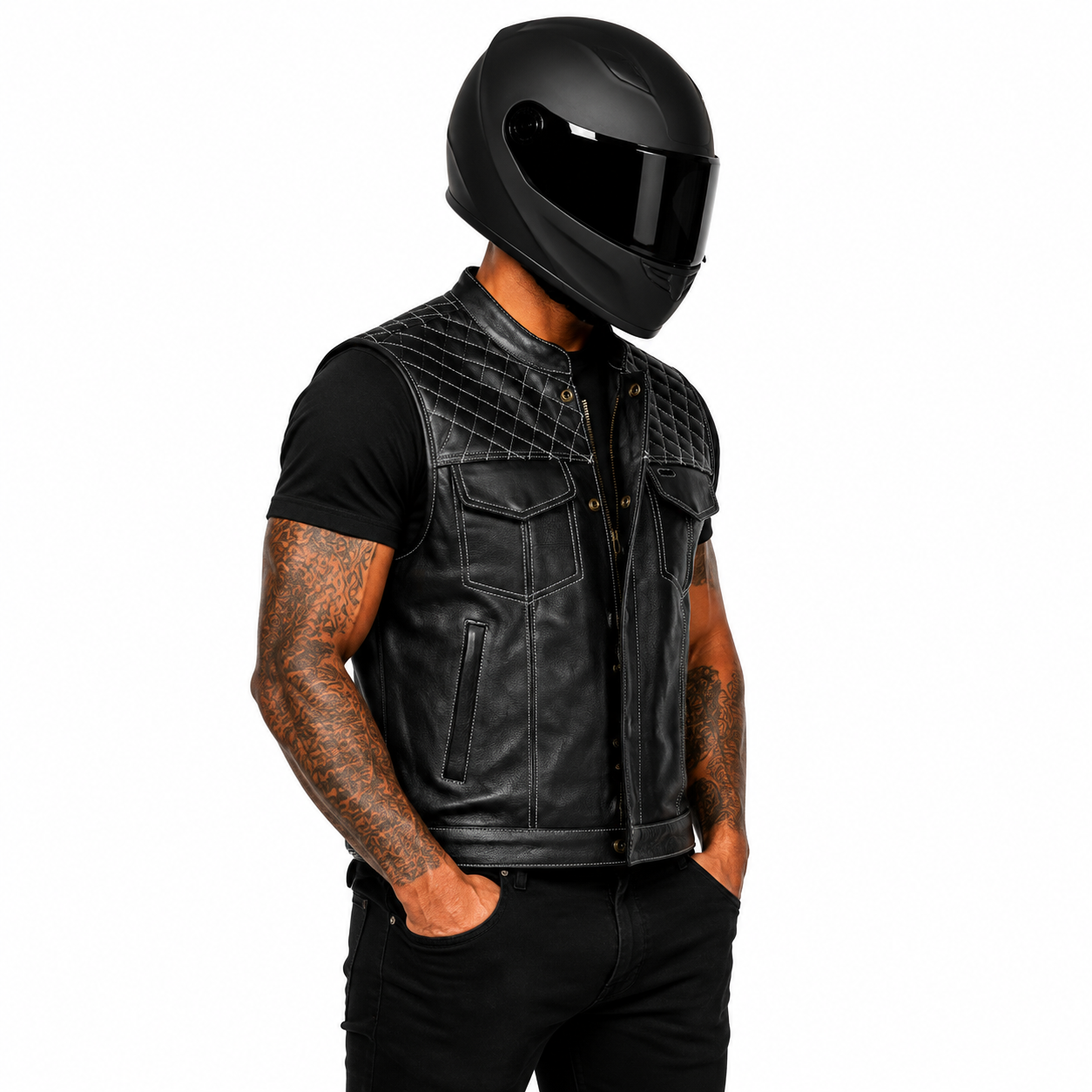 RoadKing Herren Lederweste Schwarz aus echtem Rindsleder mit Diamantsteppung