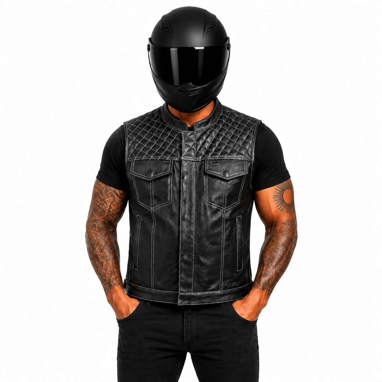 RoadKing Herren Lederweste Schwarz aus echtem Rindsleder mit Diamantsteppung