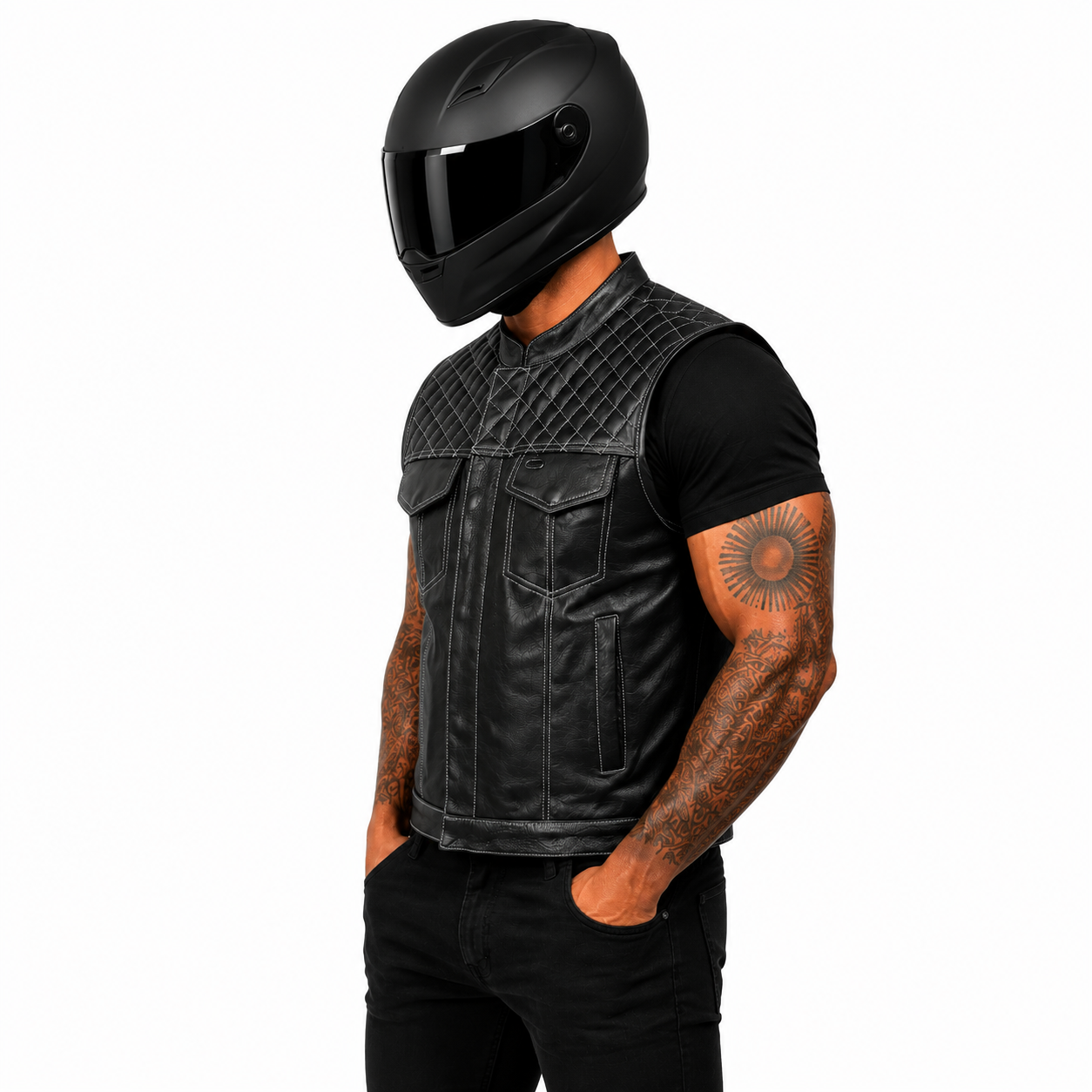 RoadKing Herren Lederweste Schwarz aus echtem Rindsleder mit Diamantsteppung