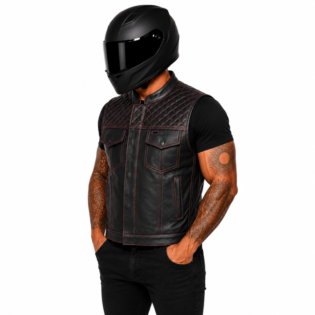 Road King Lederweste aus schwarzem Rindsleder mit roter Diamantsteppung