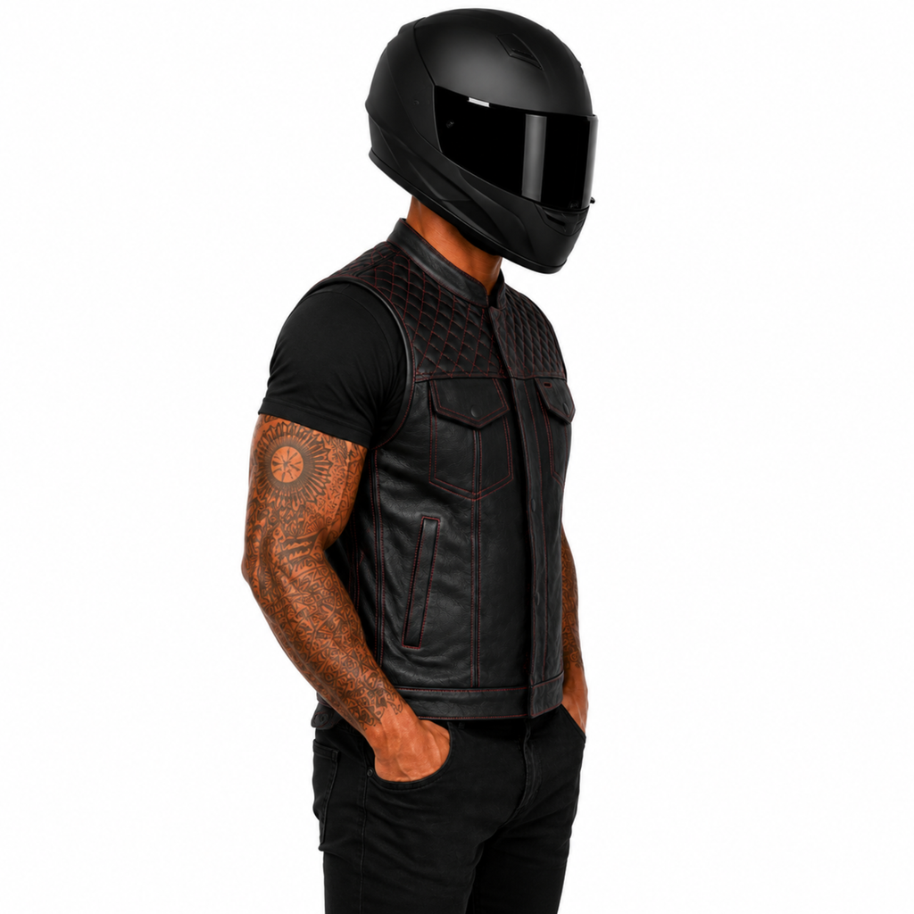 Road King Lederweste aus schwarzem Rindsleder mit roter Diamantsteppung