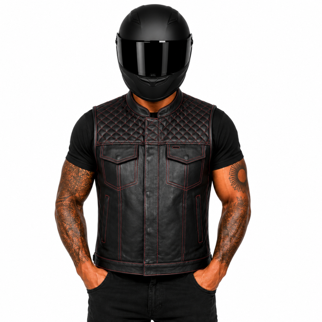 Road King Lederweste aus schwarzem Rindsleder mit roter Diamantsteppung