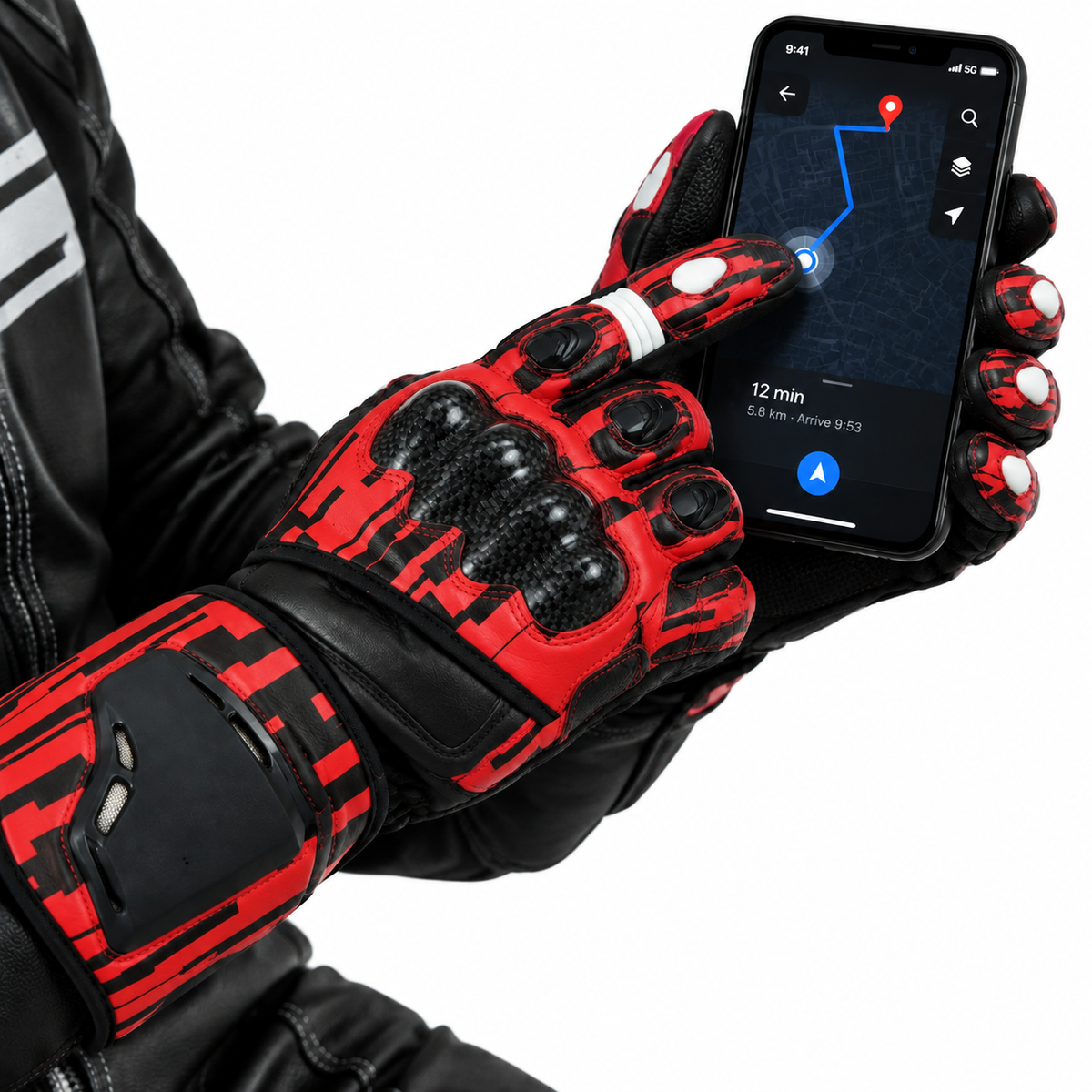 Rote Motorradhandschuhe Herren mit Knöchelschutz und langer Stulpe