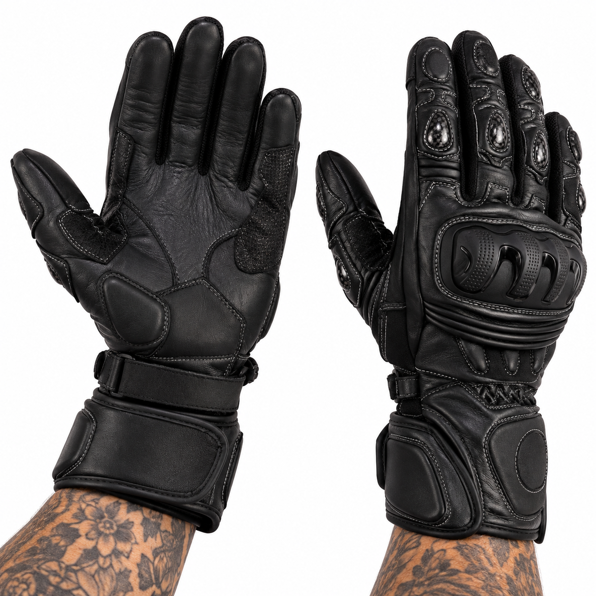 Herren Motorradhandschuhe Schwarz mit Knöchelprotektor und Langschaft