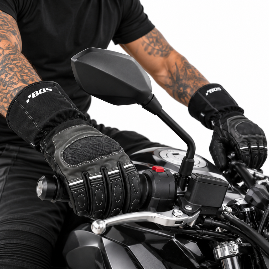 Herren Motorradhandschuhe Schwarz mit Schutzpolster und Langschaft