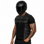 Road Star Herren-Bikerweste aus Rindsleder mit Nubukleder-Partien – Schwarz