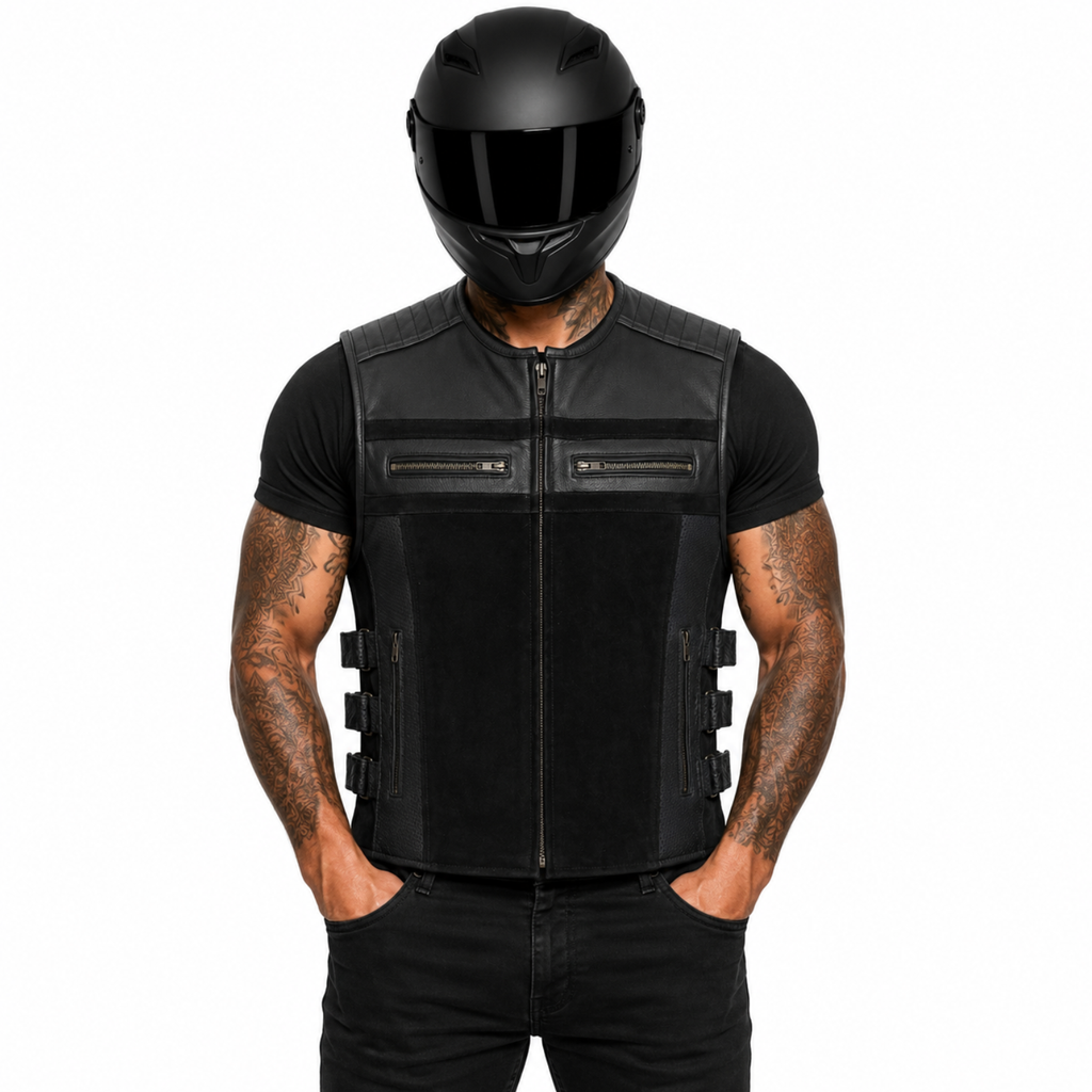 Road Star Herren-Bikerweste aus Rindsleder mit Nubukleder-Partien – Schwarz