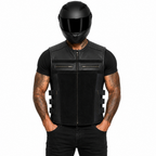 Road Star Herren-Bikerweste aus Rindsleder mit Nubukleder-Partien – Schwarz