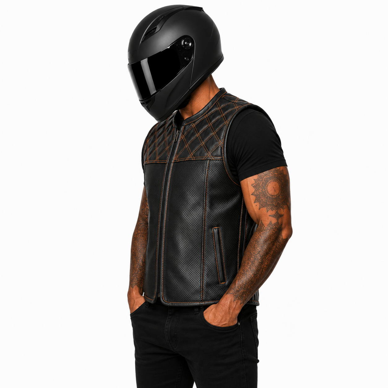 Street Rider Herren Lederweste Schwarz mit Rautensteppung