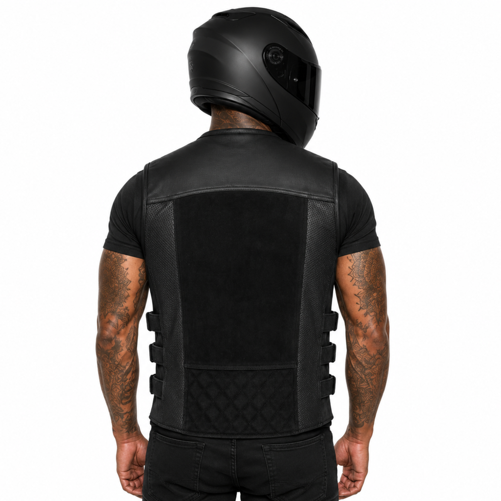Road Star Herren-Bikerweste aus Rindsleder mit Nubukleder-Partien – Schwarz
