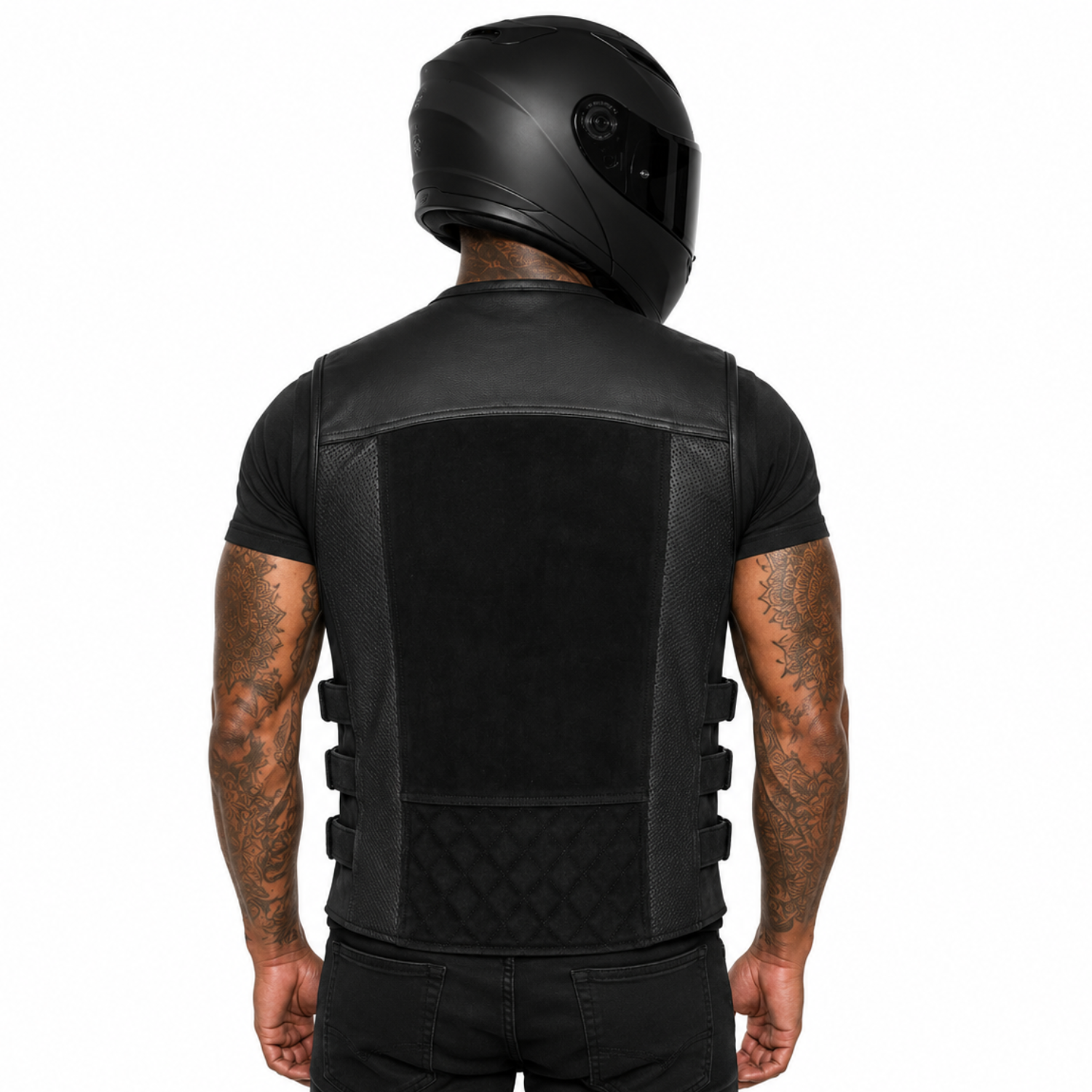 Road Star Herren-Bikerweste aus Rindsleder mit Nubukleder-Partien – Schwarz