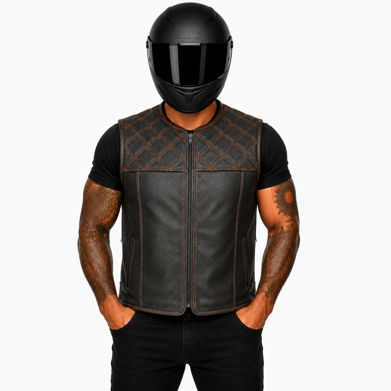 Street Rider Herren Lederweste Schwarz mit Rautensteppung