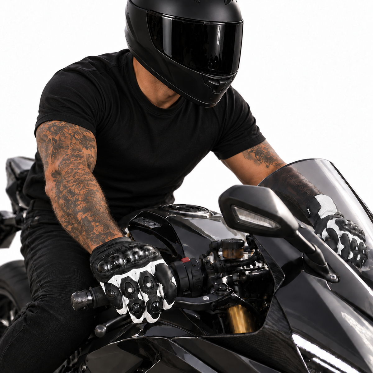 Herren Leder Motorradhandschuhe Schwarz Weiß mit Protektoren